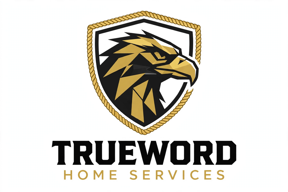 TrueWord Home Services logo — geometric eagle head in a shield with gold rope trim